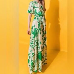 Flying Tomato Green and Cream Tropical One-Shoulder Maxi Dress